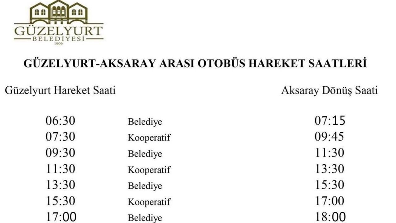 Güzelyurt - Aksaray otobüs saatleri güncellendi